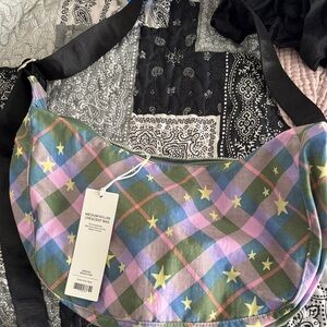 Medium Nylon Crescent baggu green star plaid